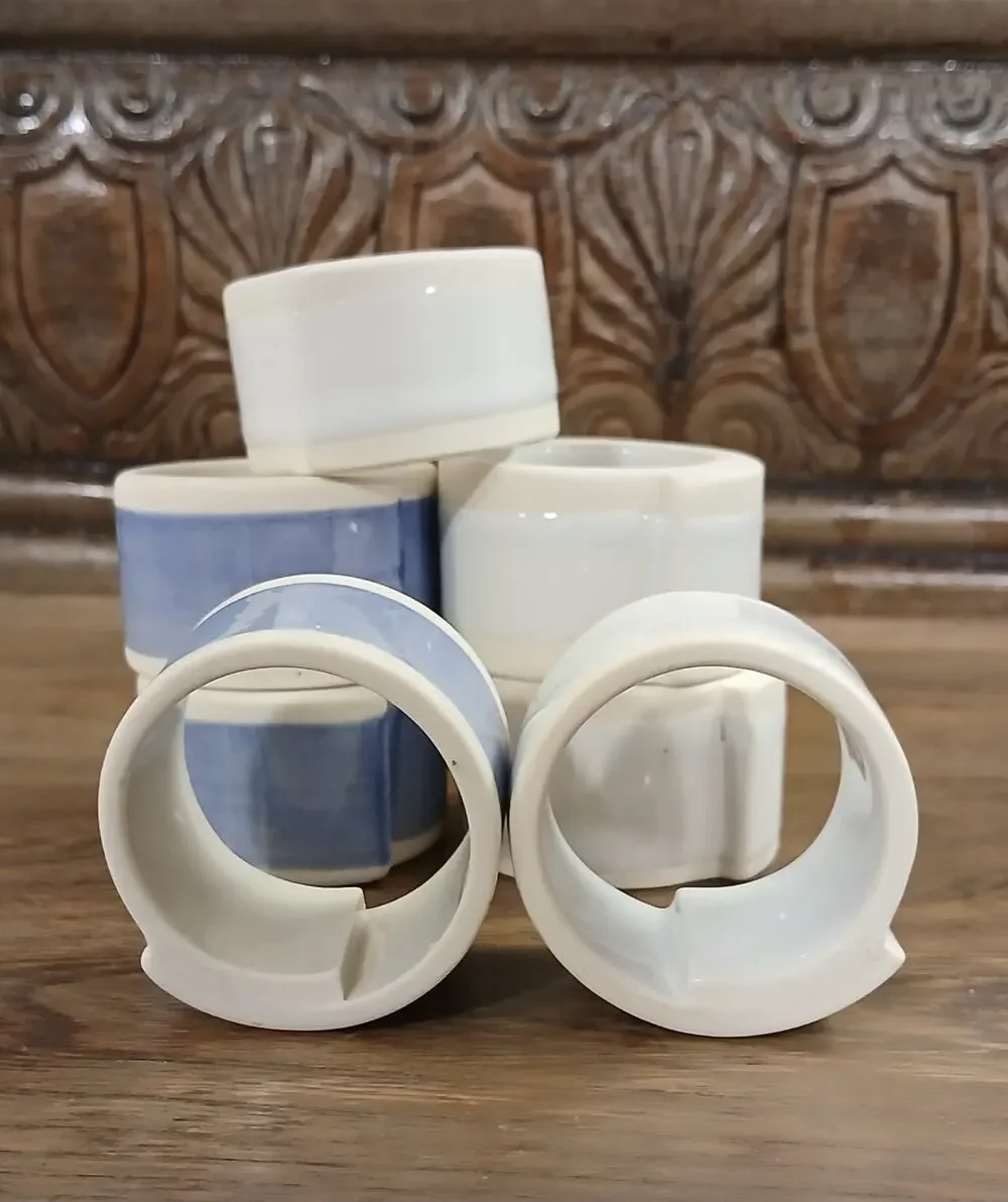 Blue And White Ribbon Like Ceramic Napkin Rings Set Of 7 Spring Or Summer Tables